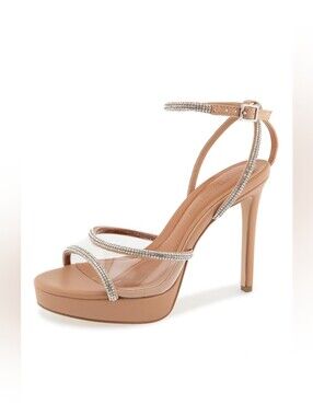 Christian Siriano Tan Nicola Rhinestone Ankle-Strap Platform Stiletto Heel 7.5M
